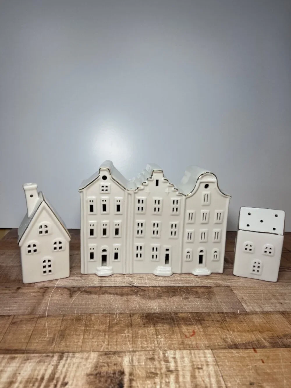 3 Pc White Ceramic Christmas Village Houses Gold Trim Battery Operated Untested